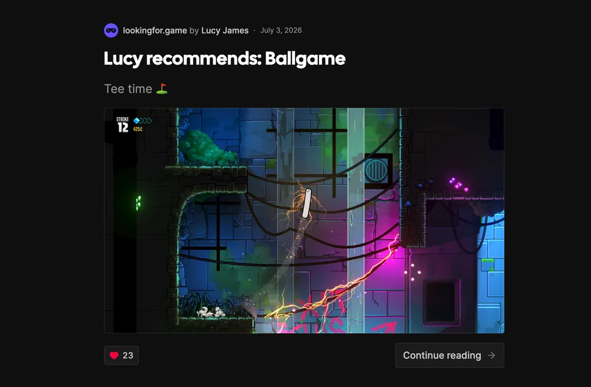 A published curator post recommending a game